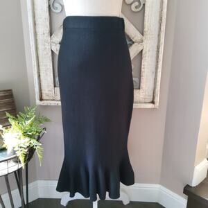 Ninety Women's Petite Pull On Elastic Trumpet Fluted Ruffle Hem Midi Skirt Black